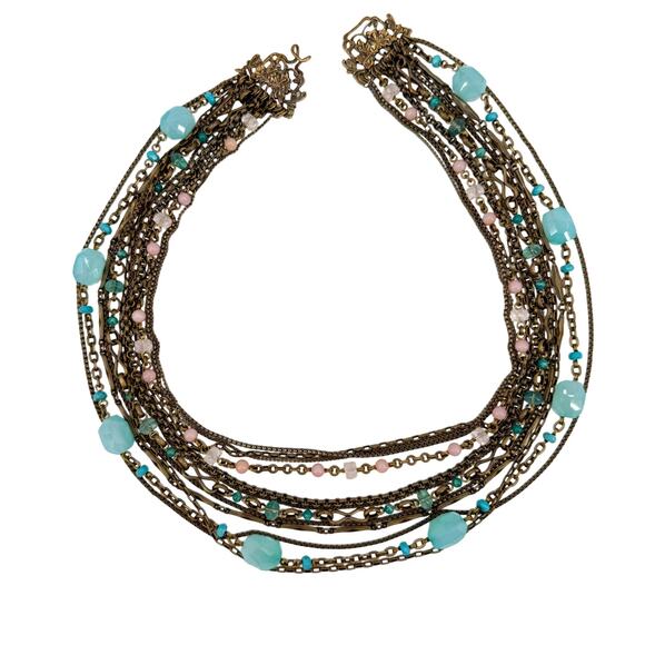 Stephen Dweck multi-12 strand pink & blue Beaded Statement Necklace bronze metal - Picture 6 of 11